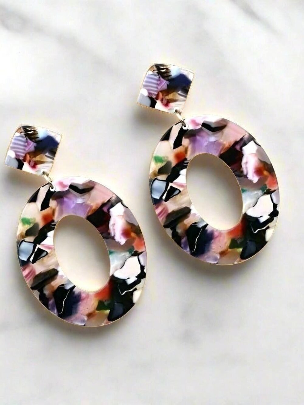 Zinnia Abstracts Geometric Statement Dangle Earrings Open Oval Black Pink